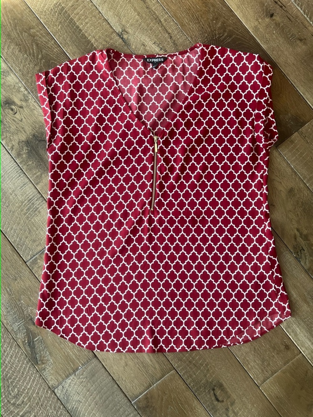 Express Red Geometric Zip-Front Short Sleeve Top